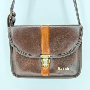 Vintage Kodak Camera Hard Case Bag Brown Leather with Shoulder Strap Brass Clasp